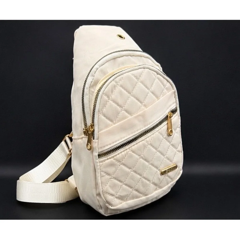 Cream Quilted Nylon Sling Bag Crossbody Backpack Gold Hardware NWOT